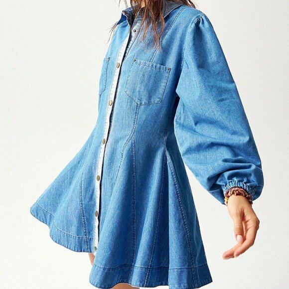 Dark Wash Casual Women's Loose Denim Long Sleeve Mini Dress - Picture 7 of 8